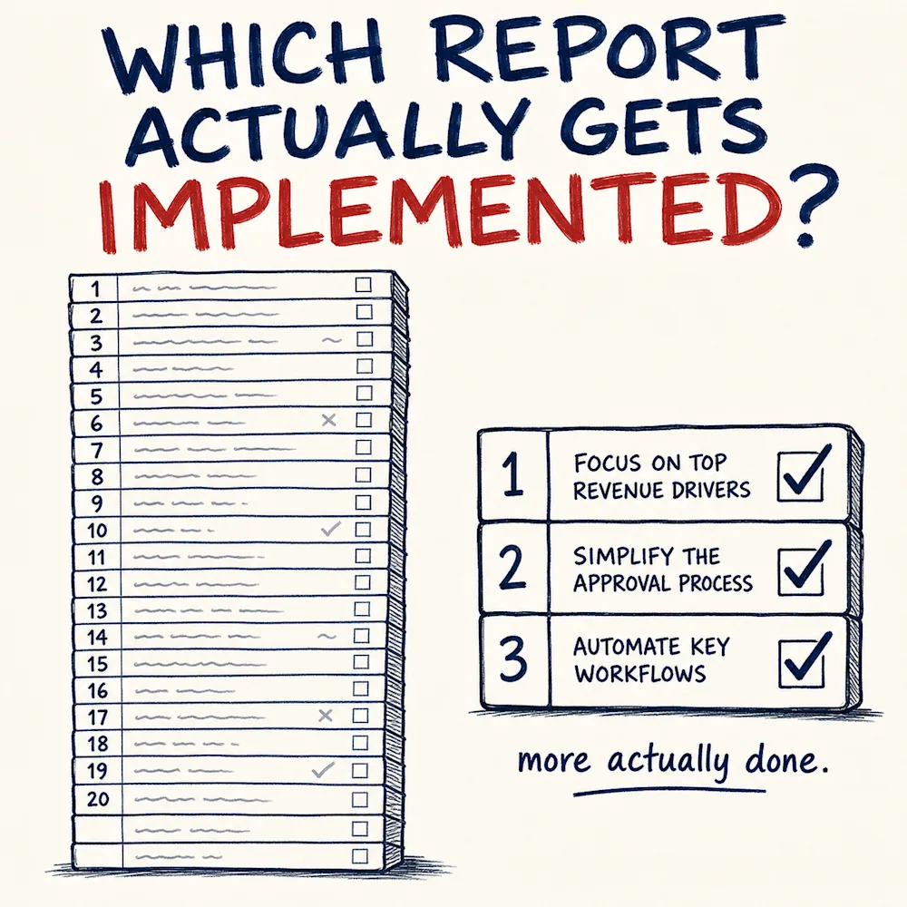 Which report actually gets acted on - twenty untouched items versus three that get done.