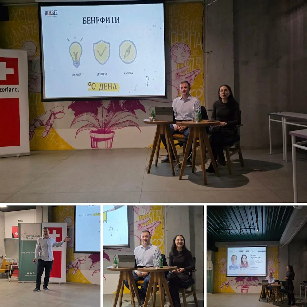 Dancho Dimkov and Natasha Razmoska presenting the 7-step Business Diagnostic Framework at GEW 2025