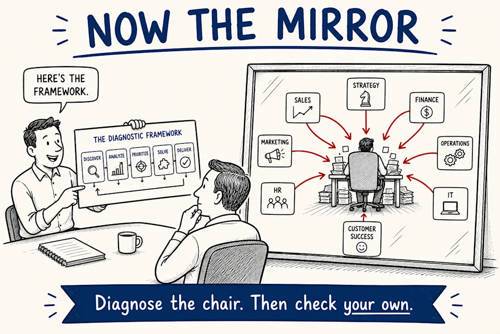 A consultant presenting the diagnostic framework while the whiteboard behind shows every department pointing at the client himself, under the line diagnose the chair, then check your own.