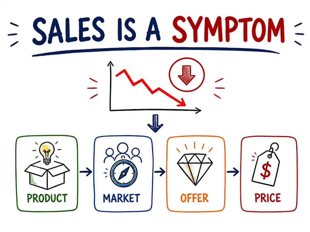 Sales is a symptom - a falling sales chart above the four things behind it: product, market, offer and price.