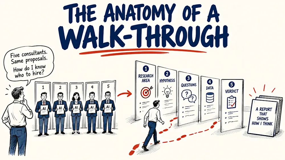 Five consultants each hold an AI-labelled report while the founder hesitates. A five-step path from research area to verdict leads to a report built to show the thinking behind it.