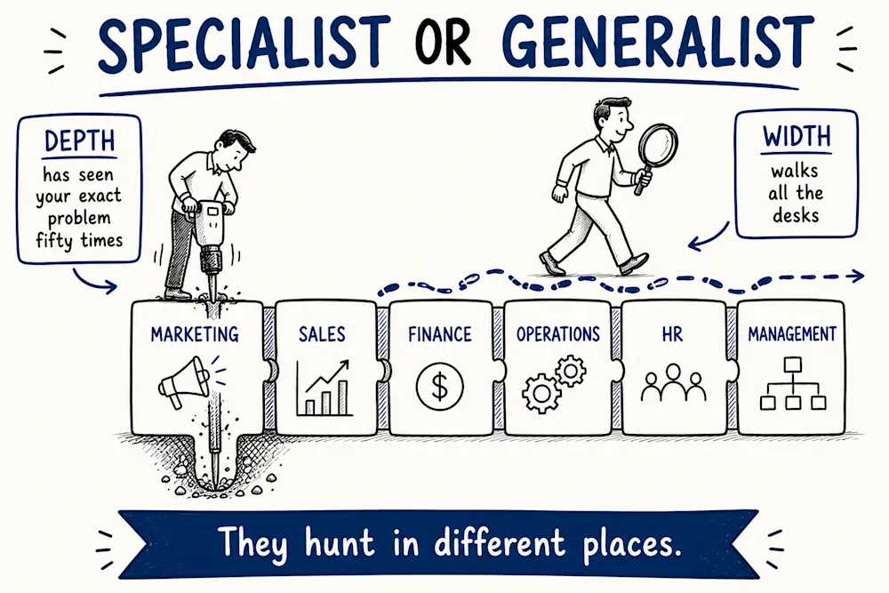 Specialist or generalist - one expert drilling deep into a single department while another walks wide across all of them; they hunt in different places.