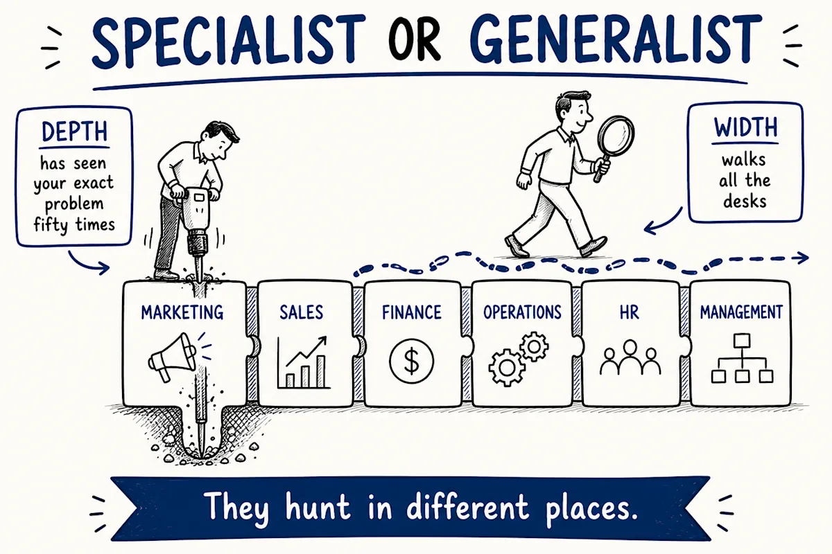 Specialist or generalist - one expert drilling deep into a single department while another walks wide across all of them; they hunt in different places.