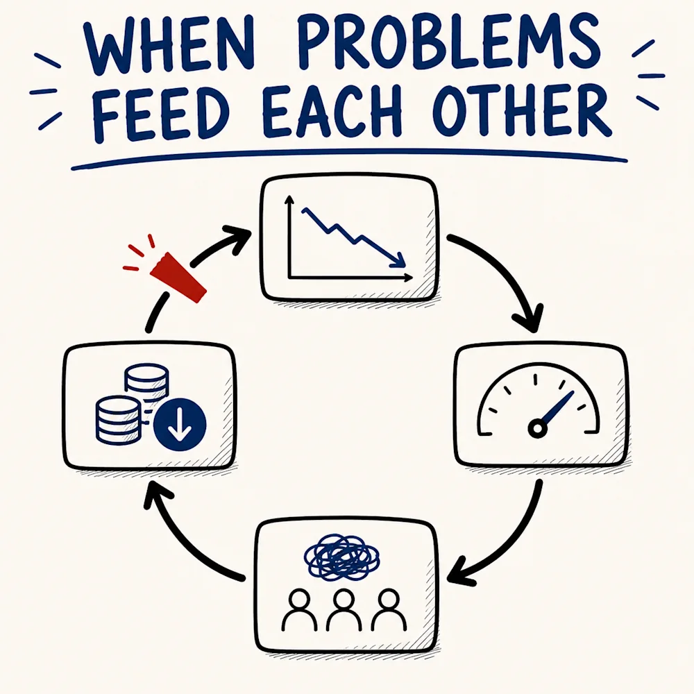 Four business problems drawn as a closed loop, falling sales, a stalled gauge, a tangled team and shrinking cash, each feeding the next, with a hammer striking only one of them.