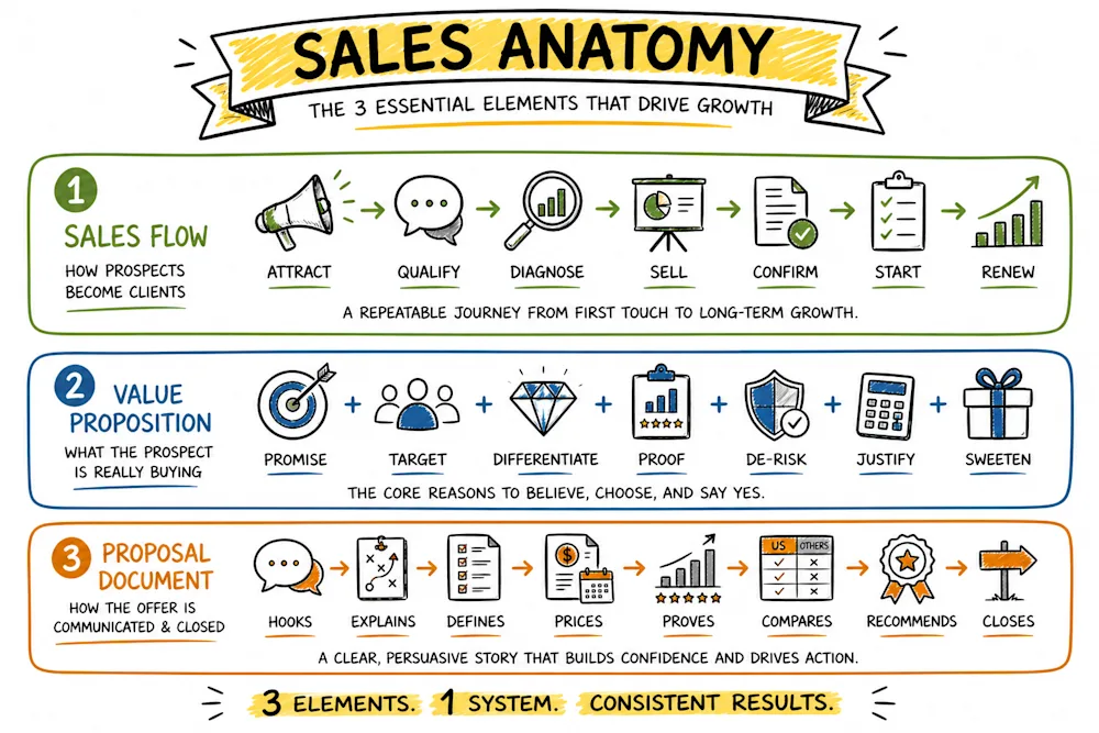 Sales Anatomy: the three layers of a complete sales offer - Sales Flow, Value Proposition, and Proposal Document