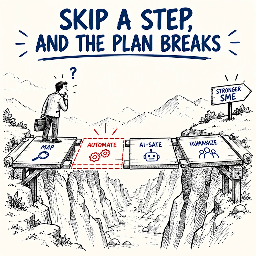 A four-plank bridge with the automate plank missing: skip a stage of the roadmap and the plan breaks before it reaches AI and people.