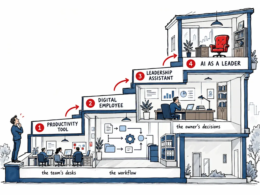 A cut-away building rises in four steps, productivity tool, digital employee, leadership assistant and AI as a leader, with a small owner on the first step looking up at a red armchair at the top.
