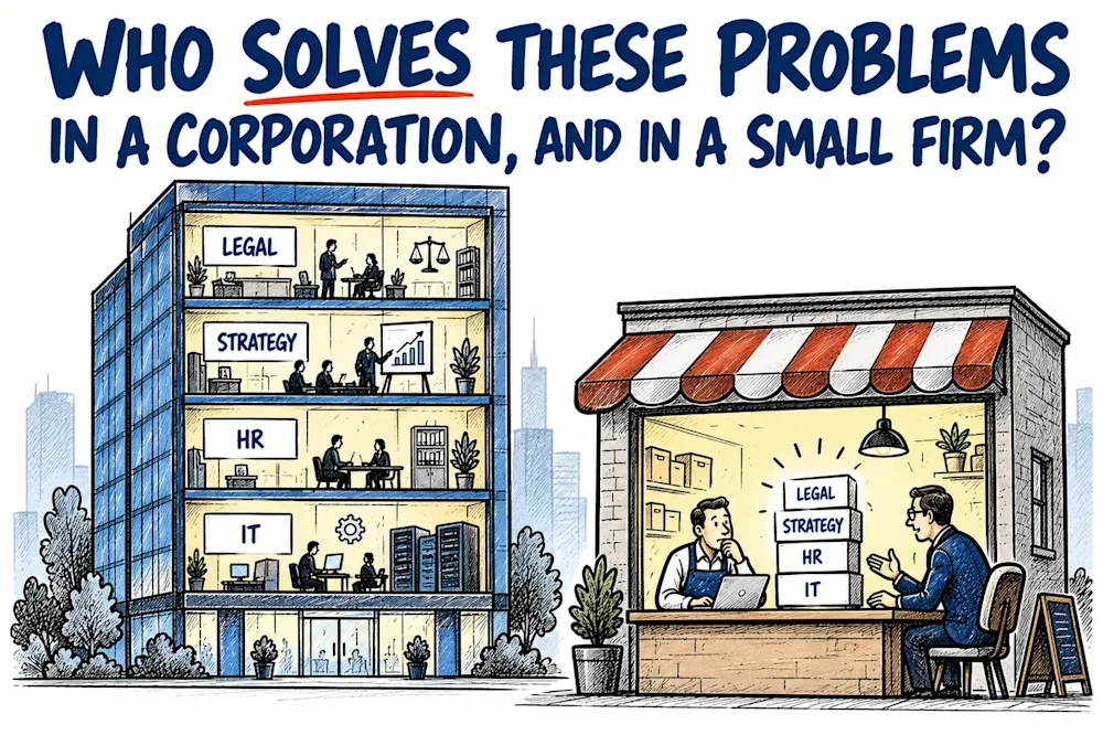 A glass office tower with four floors, legal, strategy, HR and IT, stands beside a small shop where the owner and a consultant sit at the counter with the same four problems stacked as boxes.