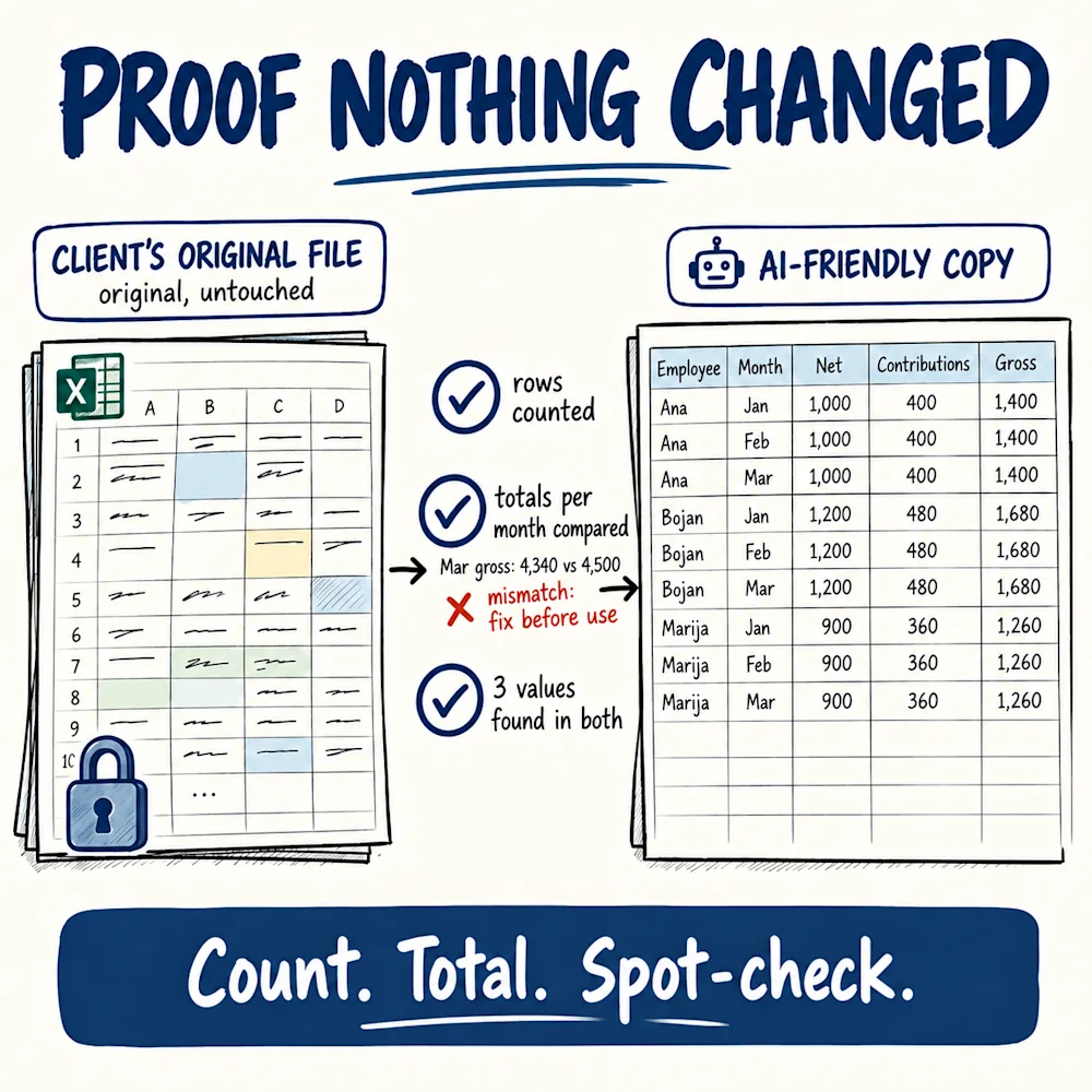The client's original file stays locked while the AI-friendly copy is checked against it: rows counted, totals per month compared, three values found in both, one mismatch flagged.