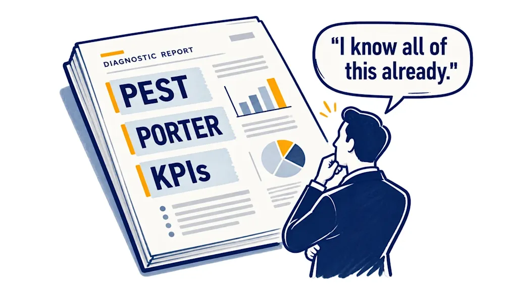 A founder, seen from behind, reads a large diagnostic report marked PEST, Porter and KPIs, and a speech bubble beside him says I know all of this already.