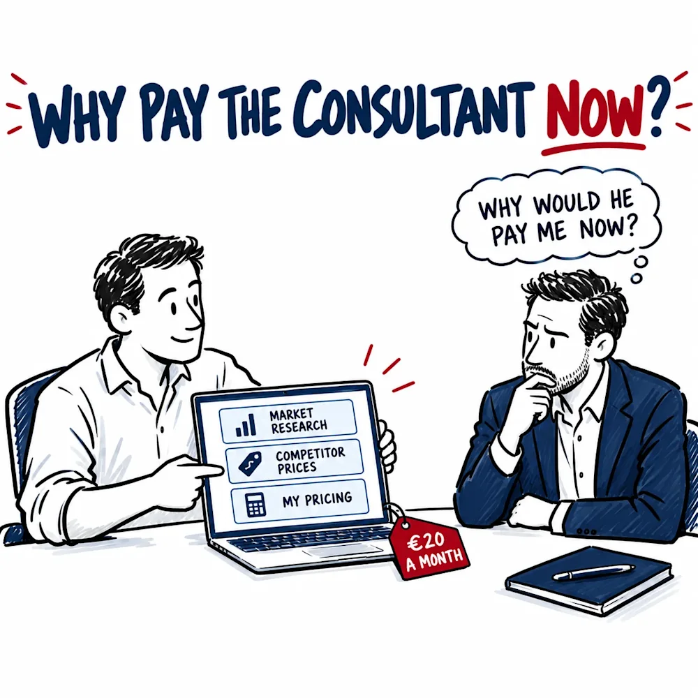 The owner turns his laptop toward the consultant, showing market research, competitor prices and pricing under a €20 a month tag, while the consultant, notebook closed, wonders why he would pay now.