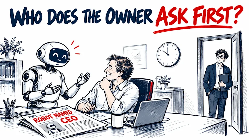 The owner turns his chair to a smiling robot and asks it first, a newspaper headed robot named CEO on his desk, while the consultant waits in the doorway with a folder and the clock runs.