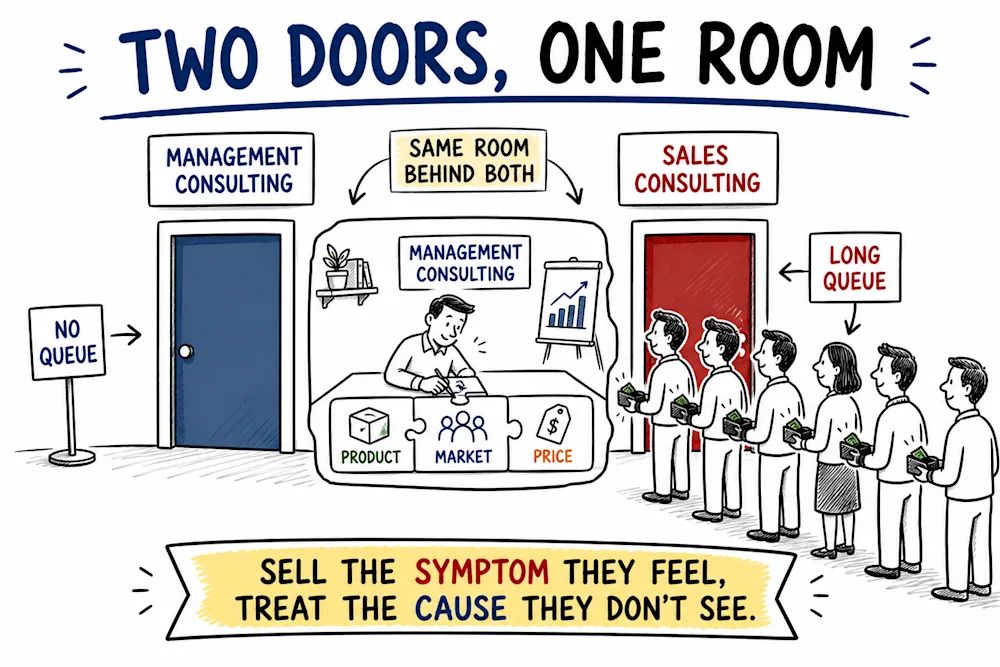 Two doors into the same room: nobody queues at the management consulting door while a long queue of paying customers waits at the sales consulting one, under the line sell the symptom they feel and treat the cause they do not see.