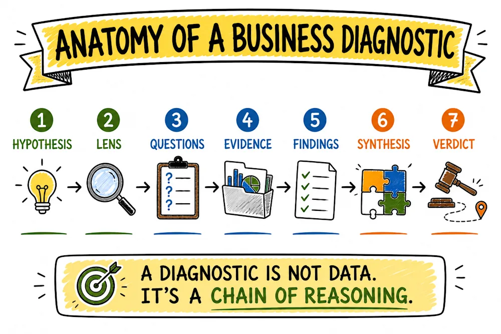 Anatomy of a Business Diagnostic - the chain from hypothesis to verdict.