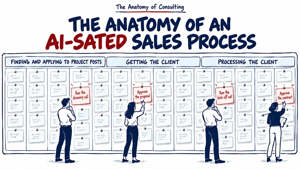 Four people stand at a wall board of pinned cards under three group headings, each at one red card: the discovery call, the proposal approval, the kick-off call and the contract approval.