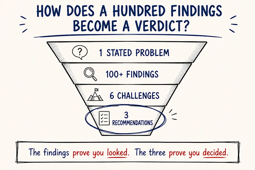 How a good diagnostic narrows down - from one stated problem to a hundred findings to a handful of challenges to three recommendations you can act on.