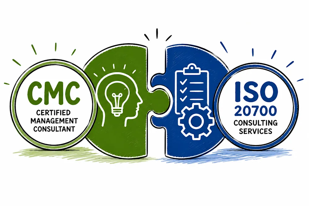 A green competence half and a blue process half of the same puzzle, carrying the CMC certification on one side and the ISO 20700 consulting standard on the other.