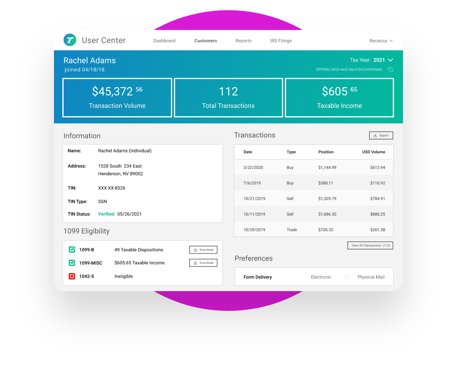 Dashboard view of all assets, transactions, and account preferences for a selected tax year
