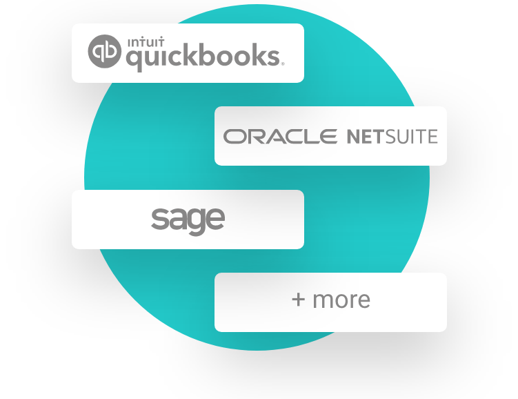 Integrations include: Intuit Quickbooks, Oracle Netsuite, Sage, and more