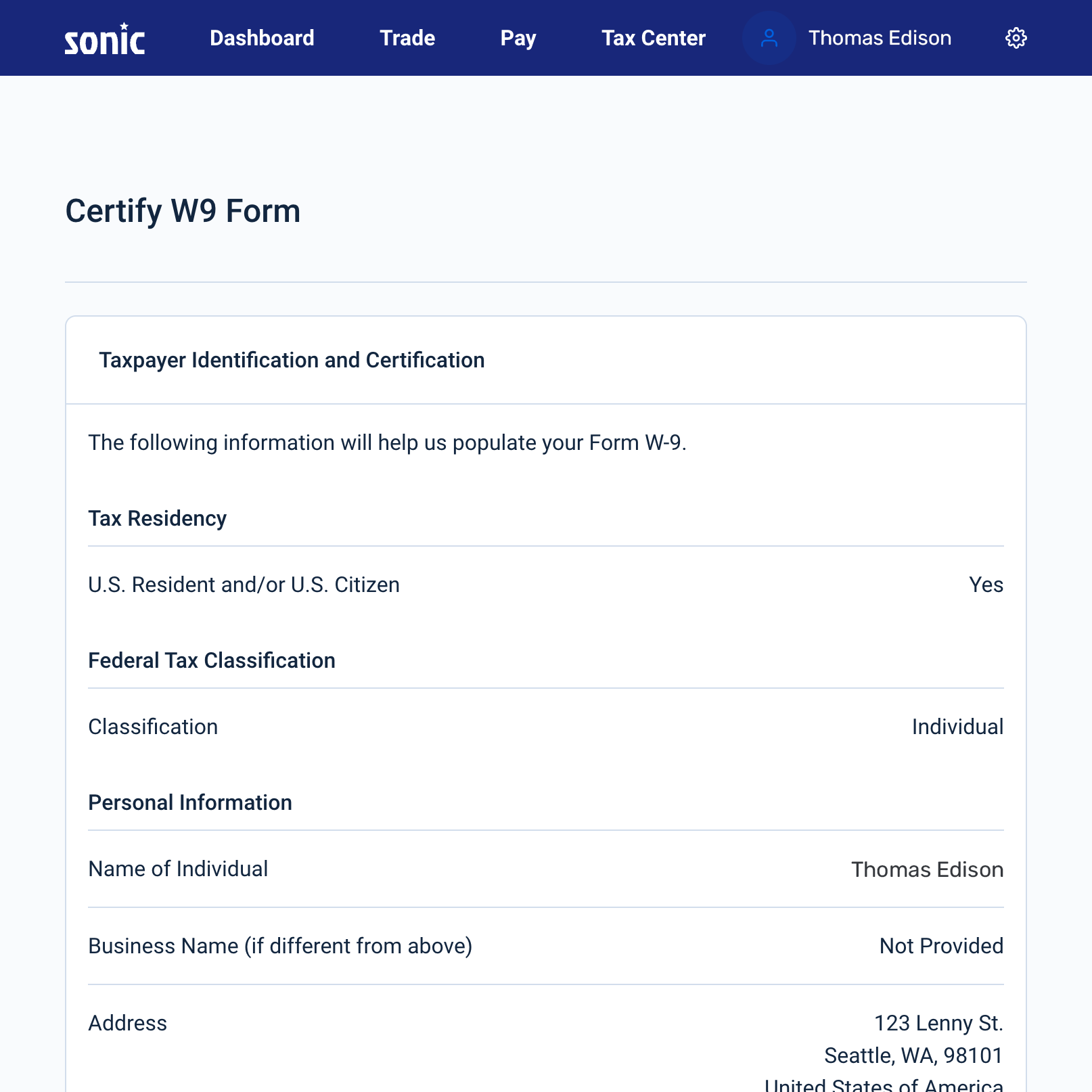 TaxBit Identity Verification Streamlined Form W9 & W8BEN collection