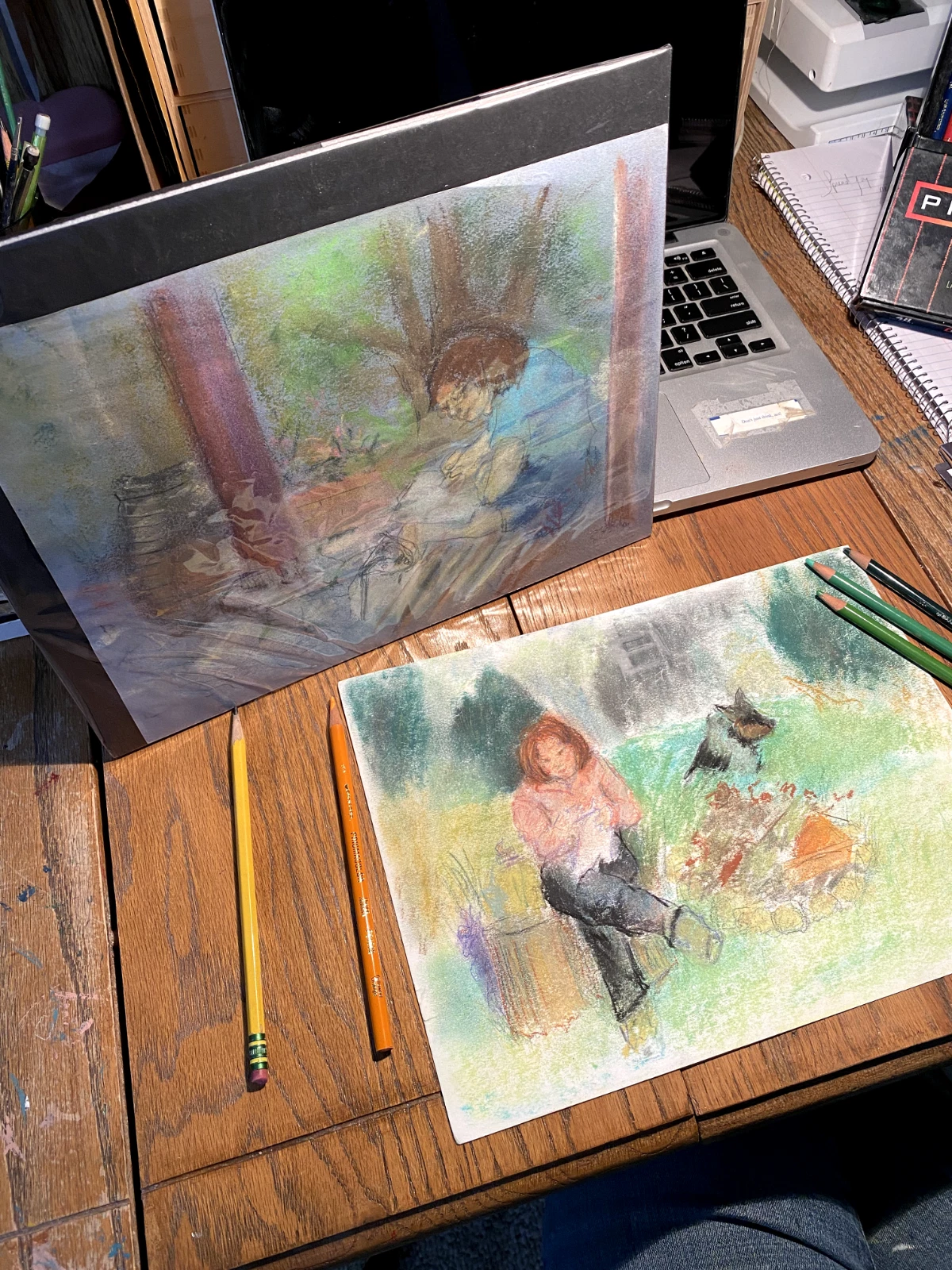 Original Pastel Drawing Girl Sketching in Garden with Dog - Image 2