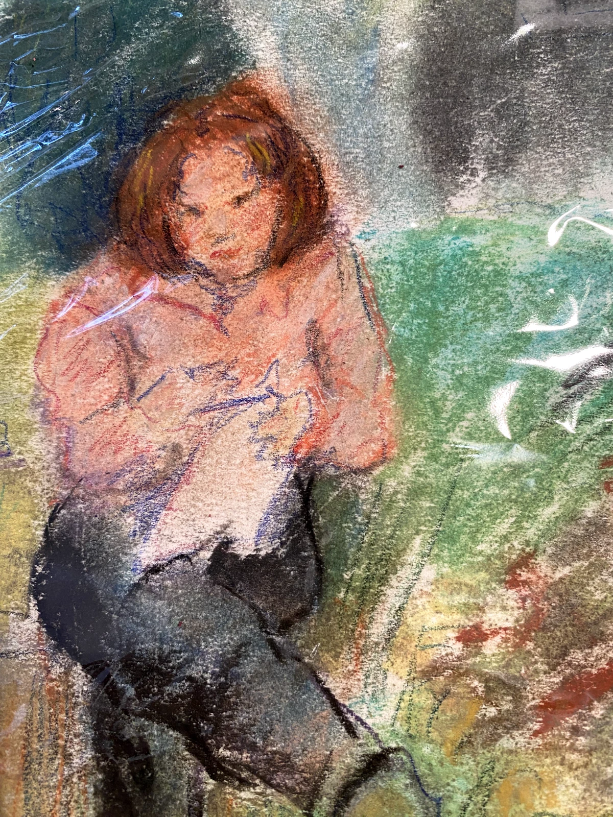 Original Pastel Drawing Girl Sketching in Garden with Dog