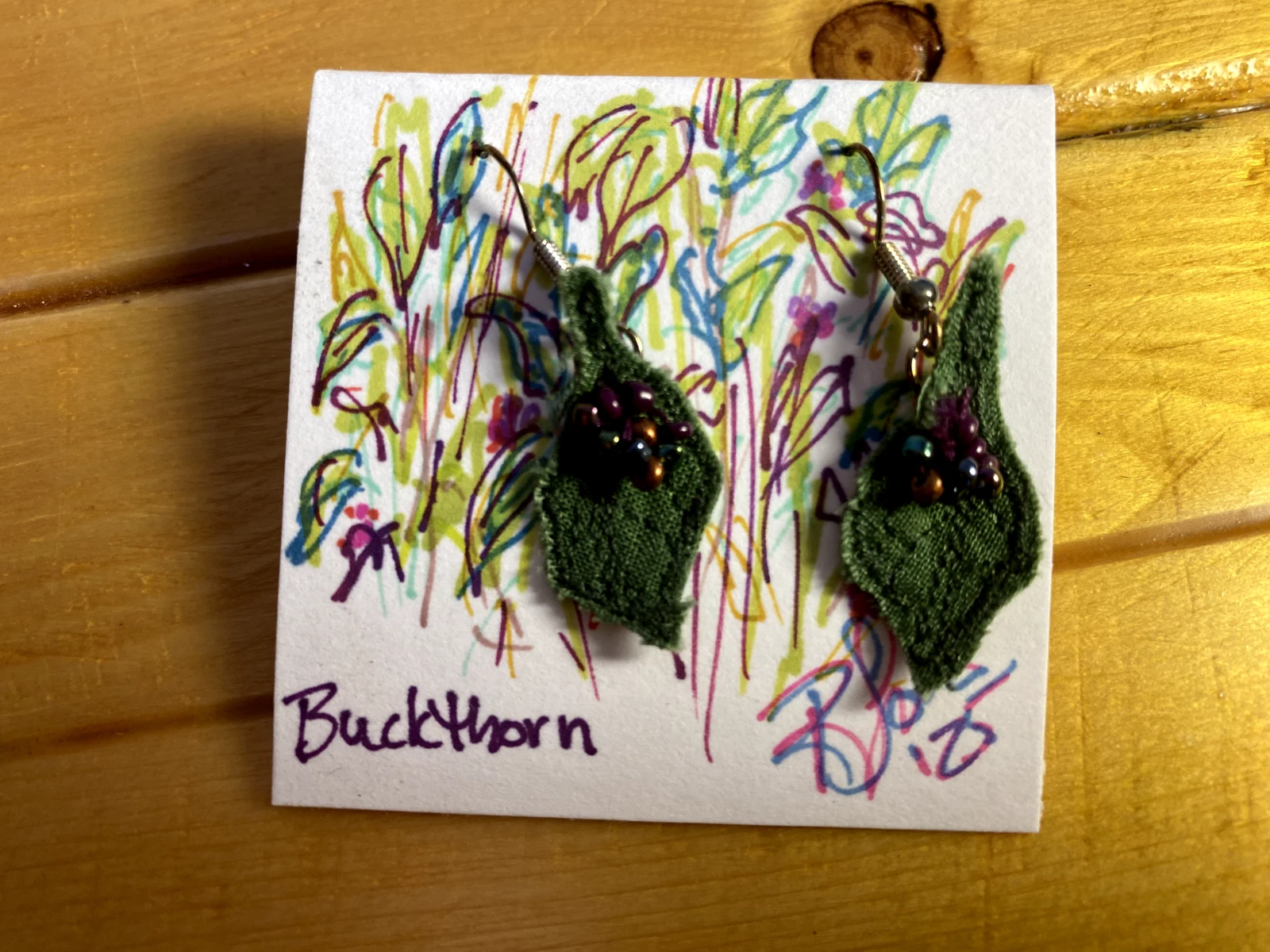 Hand Sewn Buckthorn Art | Cotton Leaves & Glass Beads Earrings