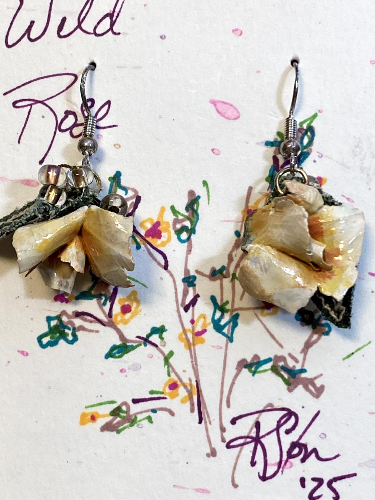 Hand Sculpted Terracotta Rose Earrings – Handmade Floral Jewelry with Glass Bead - Image 3