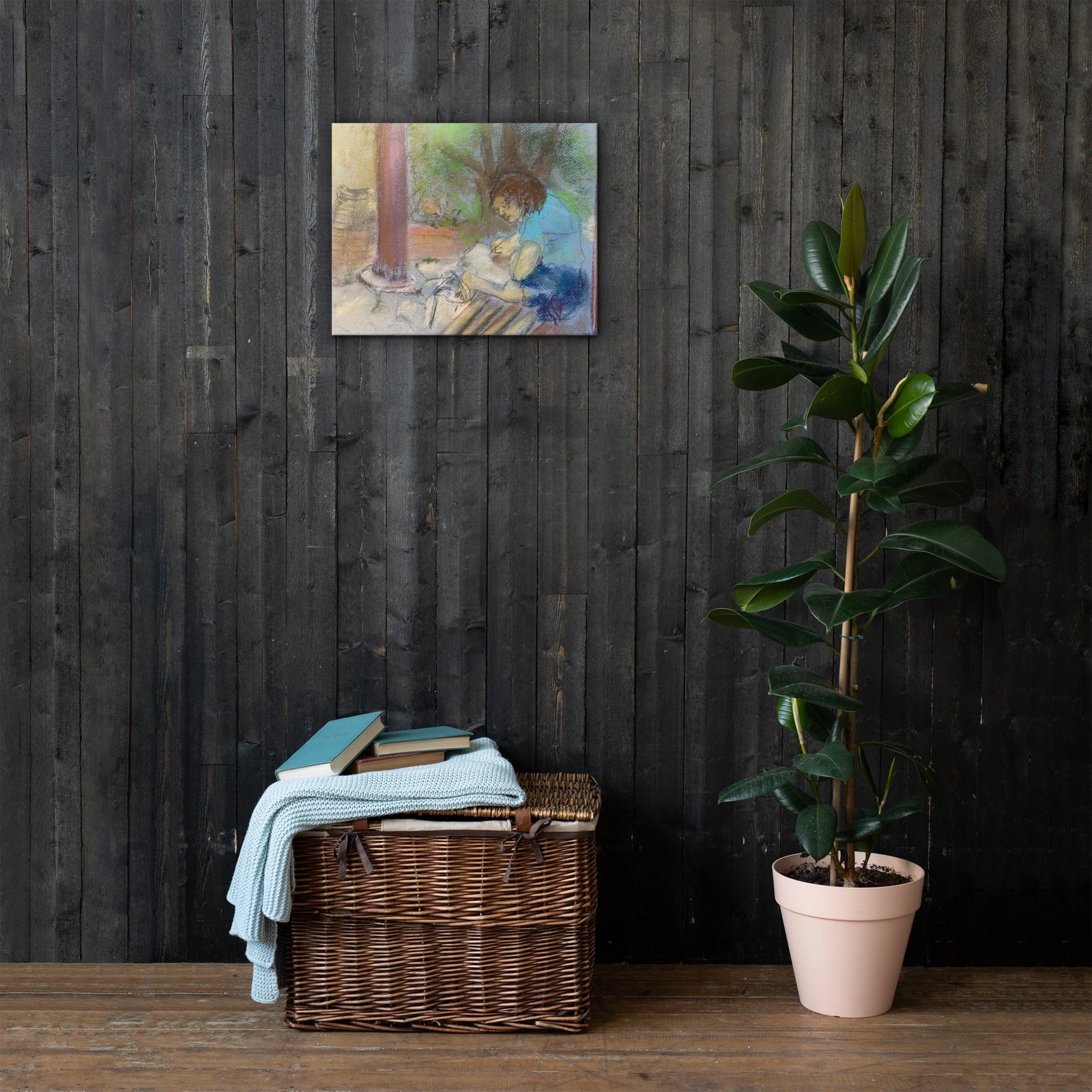 Artist Sketching Outdoors Print – Pastel Figurative Art Scene