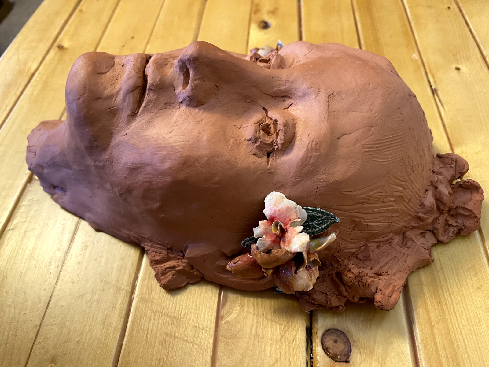 Original Art - Terracotta Wall Sculpture – Wistful Girl with Wild Roses - Image 2