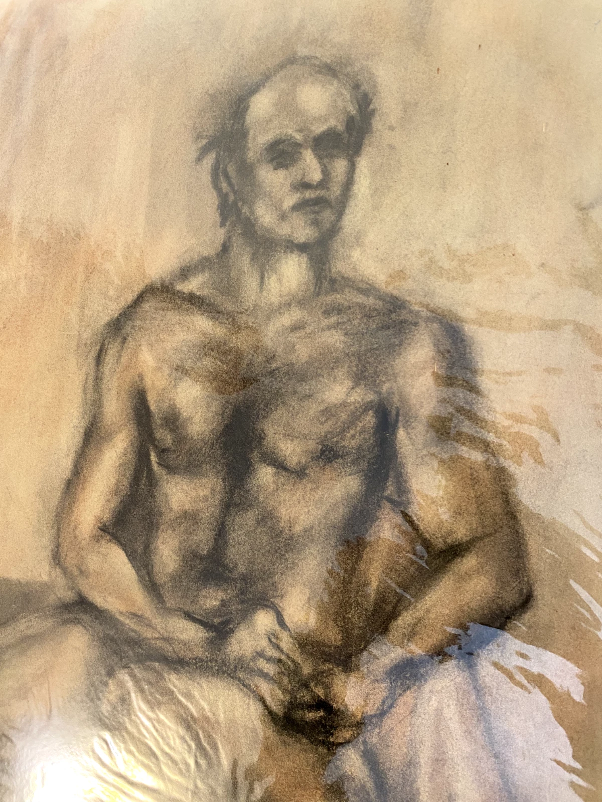 Seated Male Nude Life Drawing – Charcoal & Conte Crayon 22x30 inches