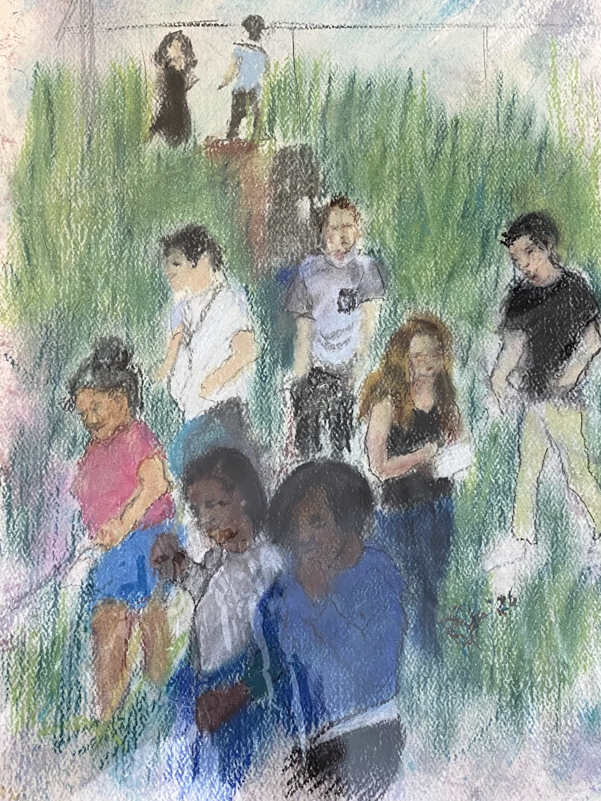 Original Pastel Study – Students on Walk with Instructor