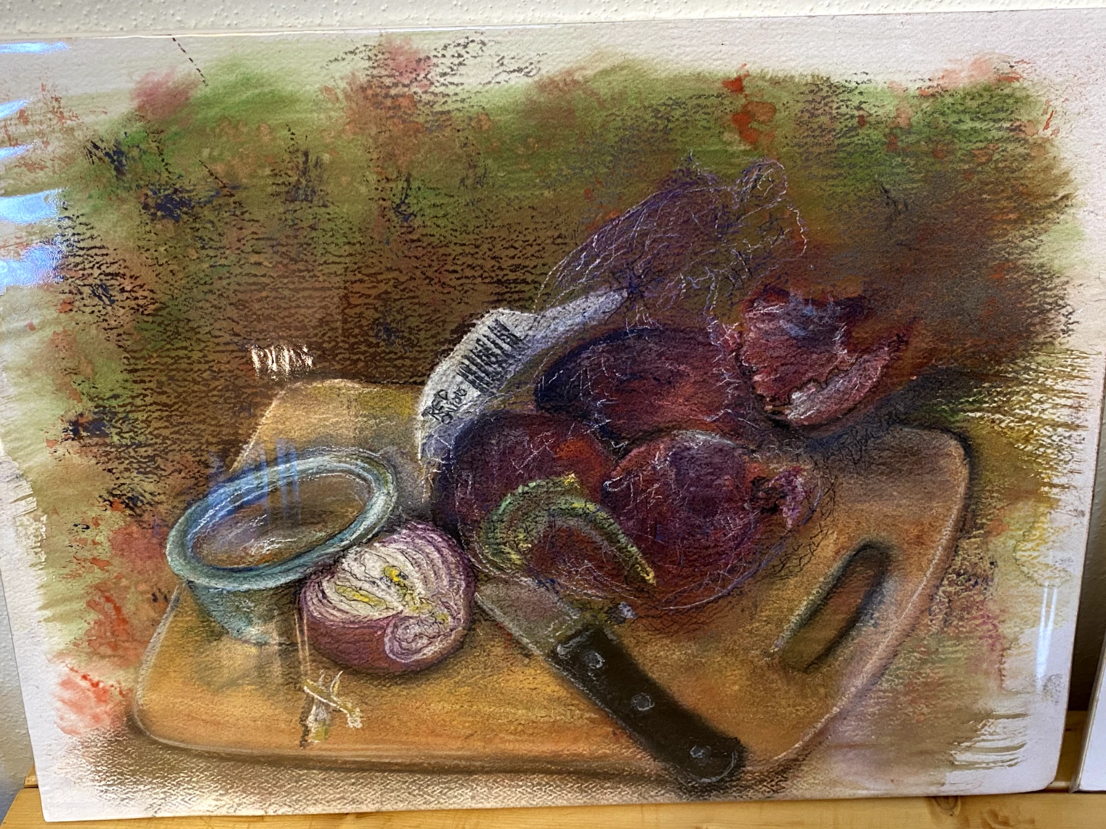 Original Pastel Still Life of Onions – Kitchen Wall Art w/ Knife