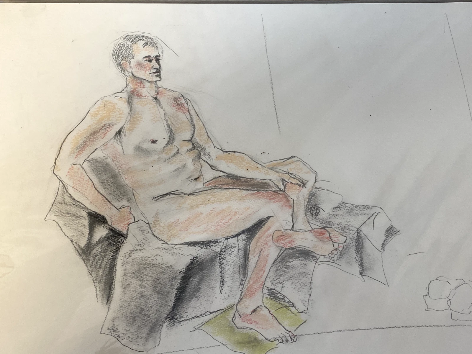 Original Pastel Male Figure Study – Seated Nude Life Drawing