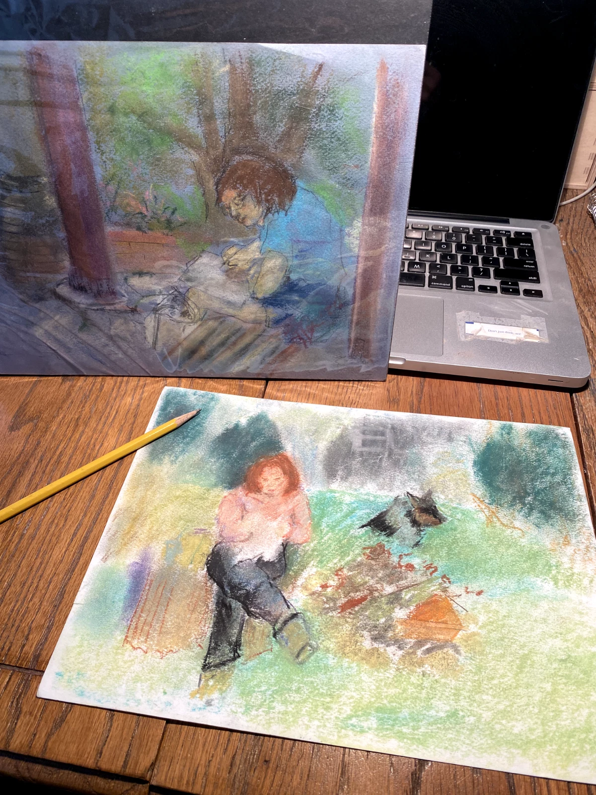 Original Pastel Drawing Girl Sketching in Garden with Dog - Image 3