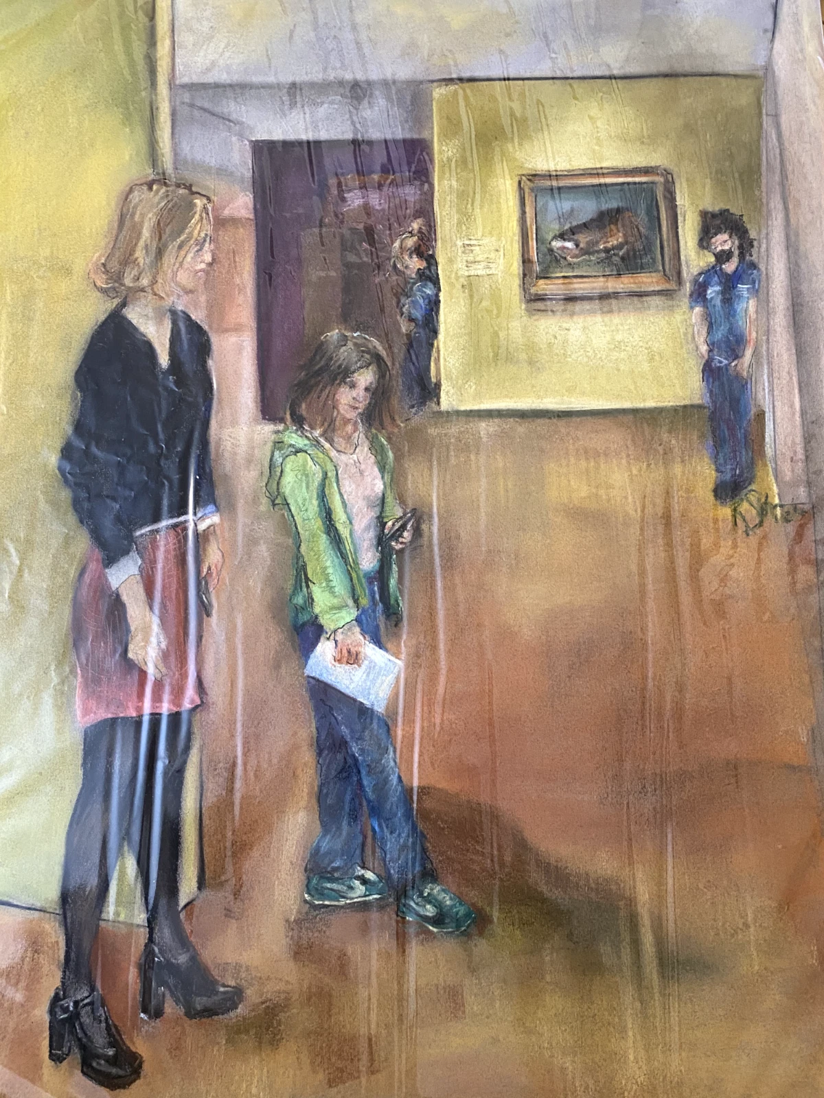 Original Pastel on Paper – Museum Gallery Scene – Contemporary Figurative Artwork