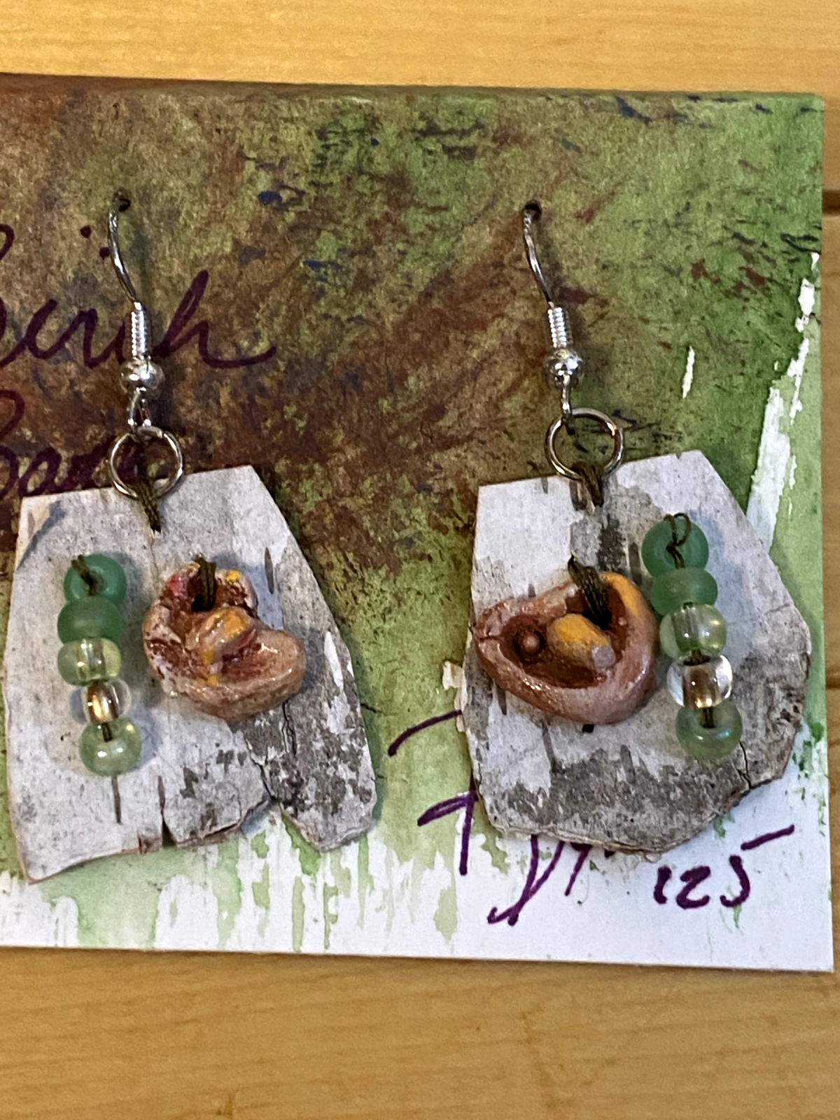Handmade Seed Pod Earrings on Birch Bark with Glass Beads