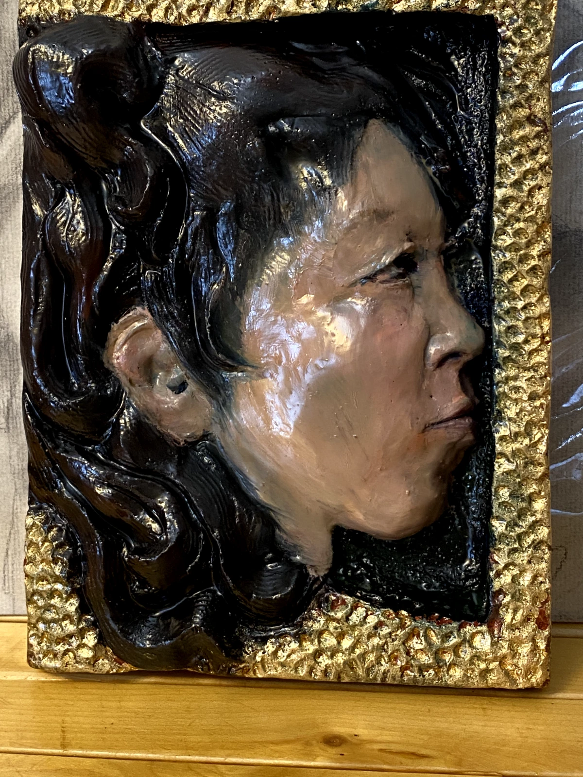 Original Portrait Relief of Young Girl – Cast Terracotta Sculpture, Water Gilded