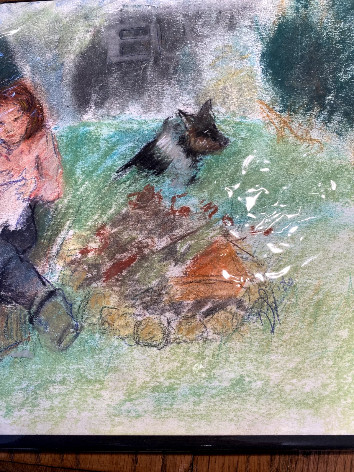 Original Pastel Drawing Girl Sketching in Garden with Dog - Image 4