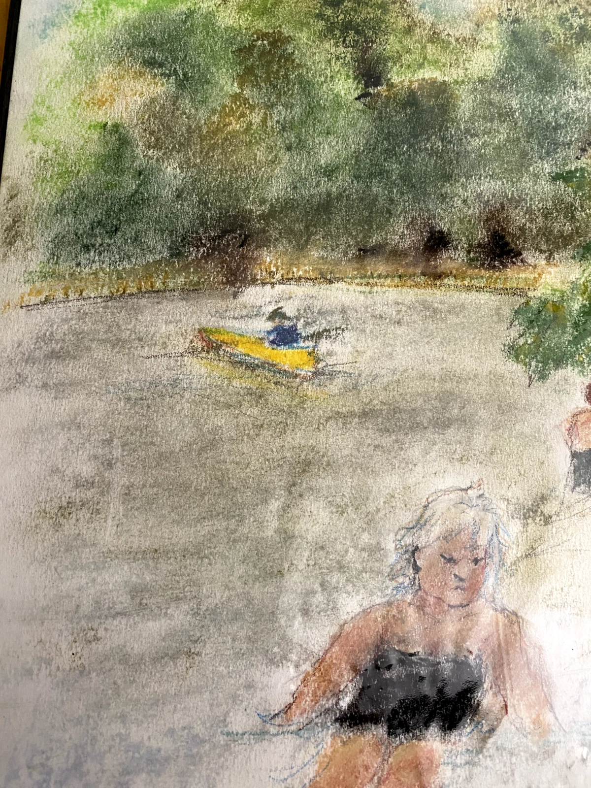 Original Pastel Drawing Pike Lake Wisconsin – Woman at Lakeshore Landscape Art - Image 3