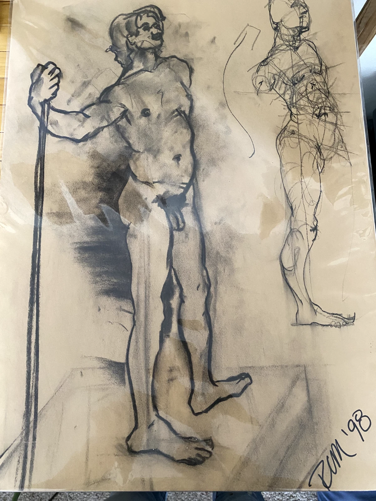 Original Charcoal Figure Drawing Male Nude Study with Staff Life Drawing Art