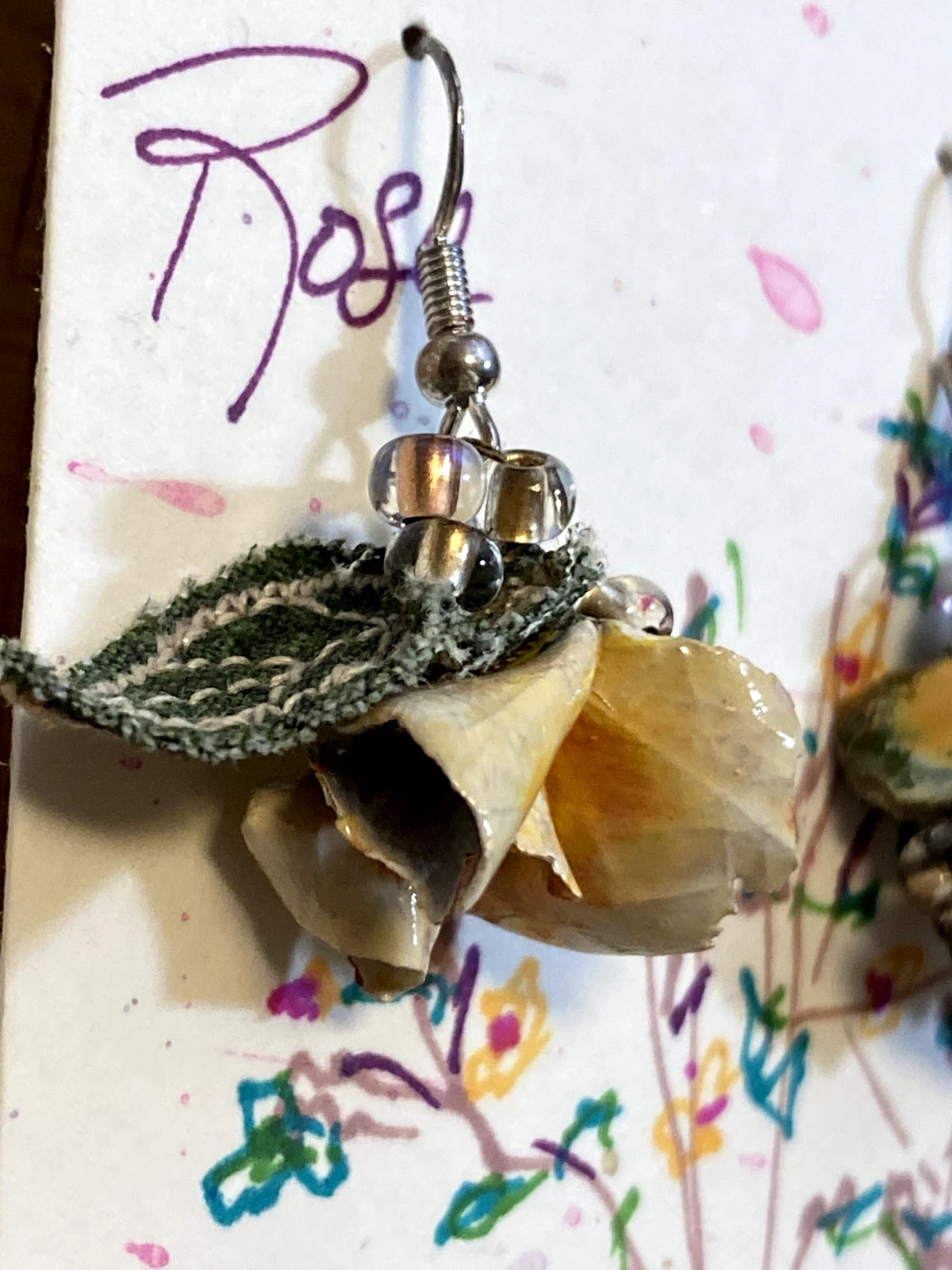 Hand Sculpted Terracotta Rose Earrings – Handmade Floral Jewelry with Glass Bead