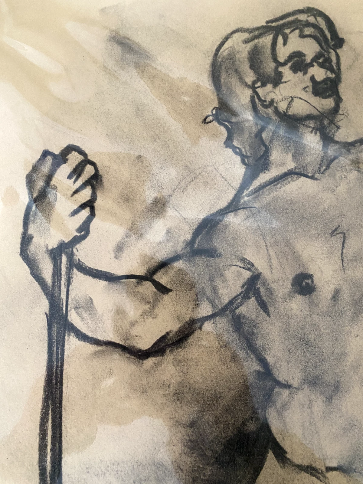 Original Charcoal Figure Drawing Male Nude Study with Staff Life Drawing Art - Image 2