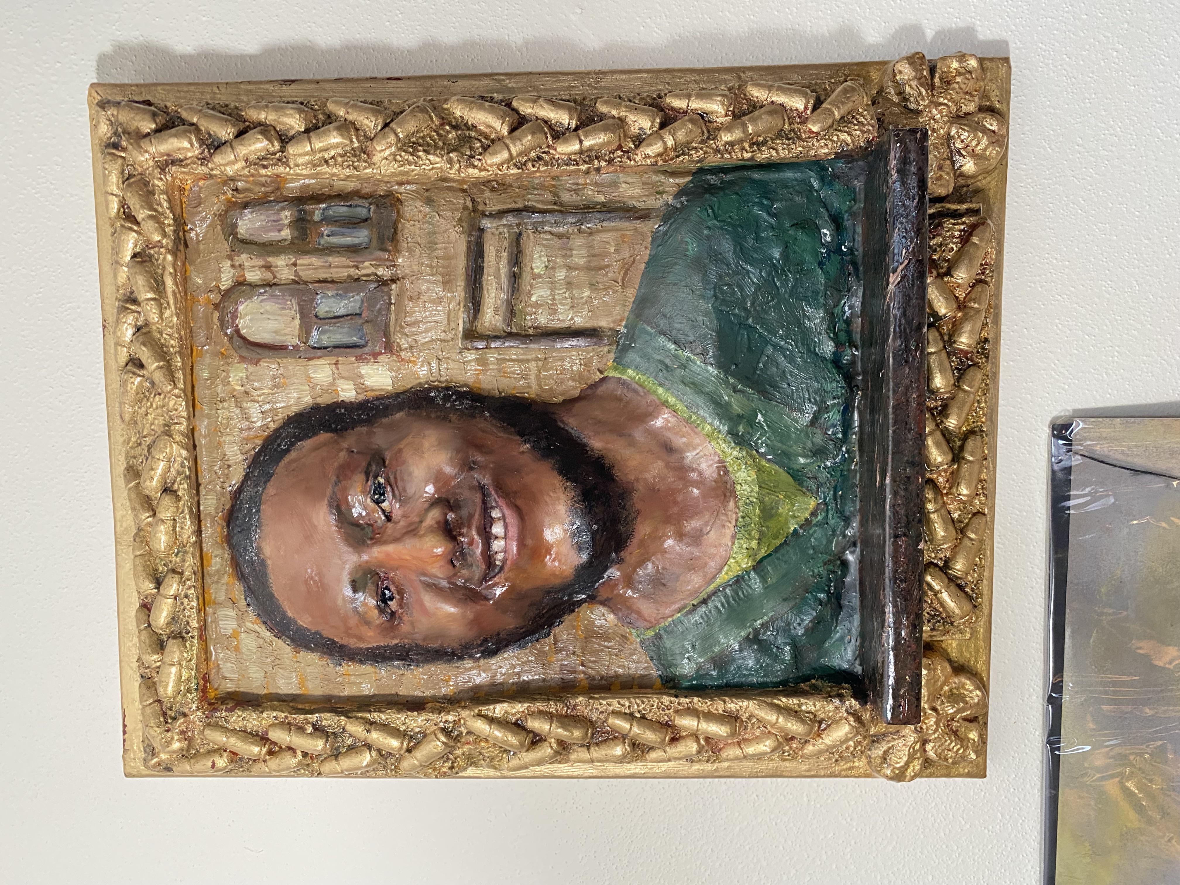 Original Terracotta Relief Sculpture – Water Gilded Frame, Oil Painted Figure
