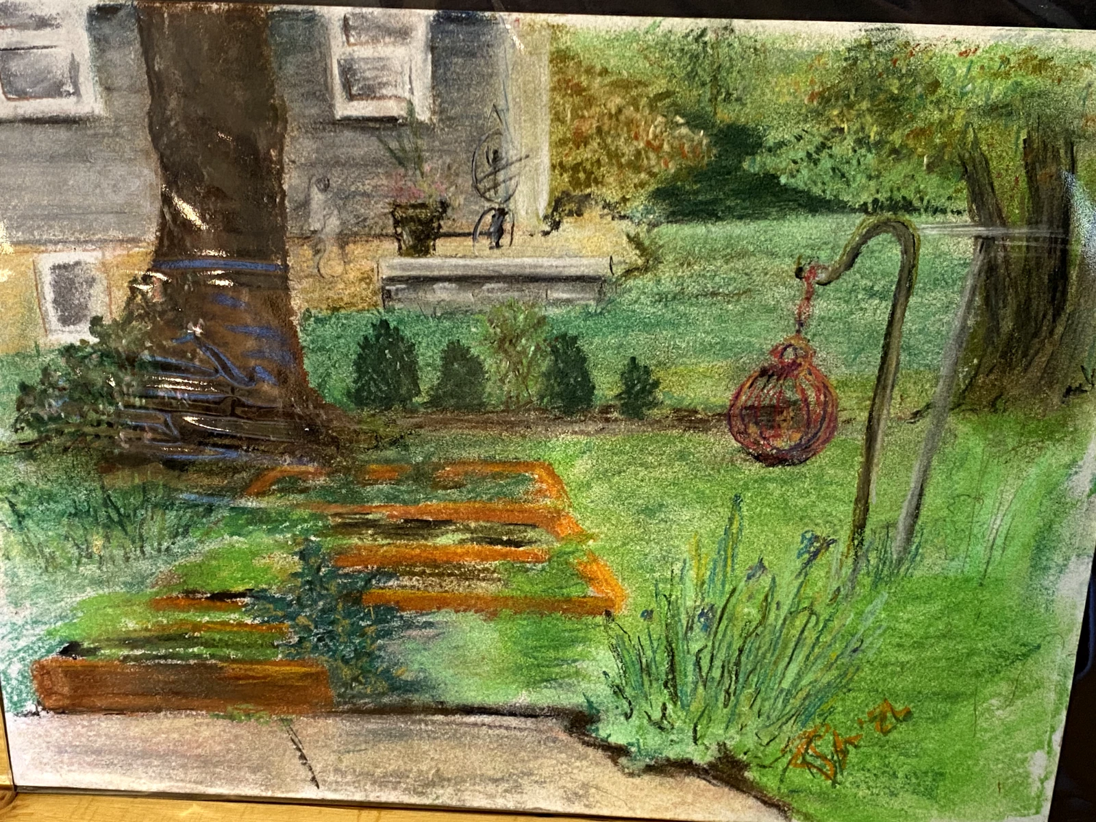 Original Pastel Garden Landscape – Raised Beds & Bird Feeder