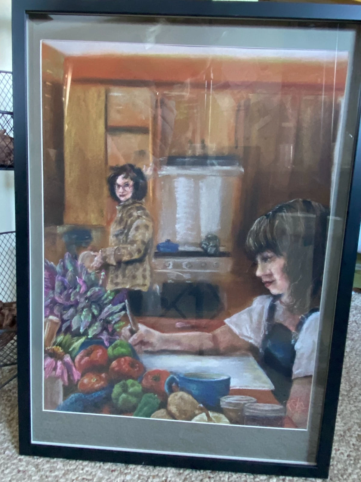 Figurative Canvas Print – Mother Daughter Kitchen Scene – Pastel Drawing