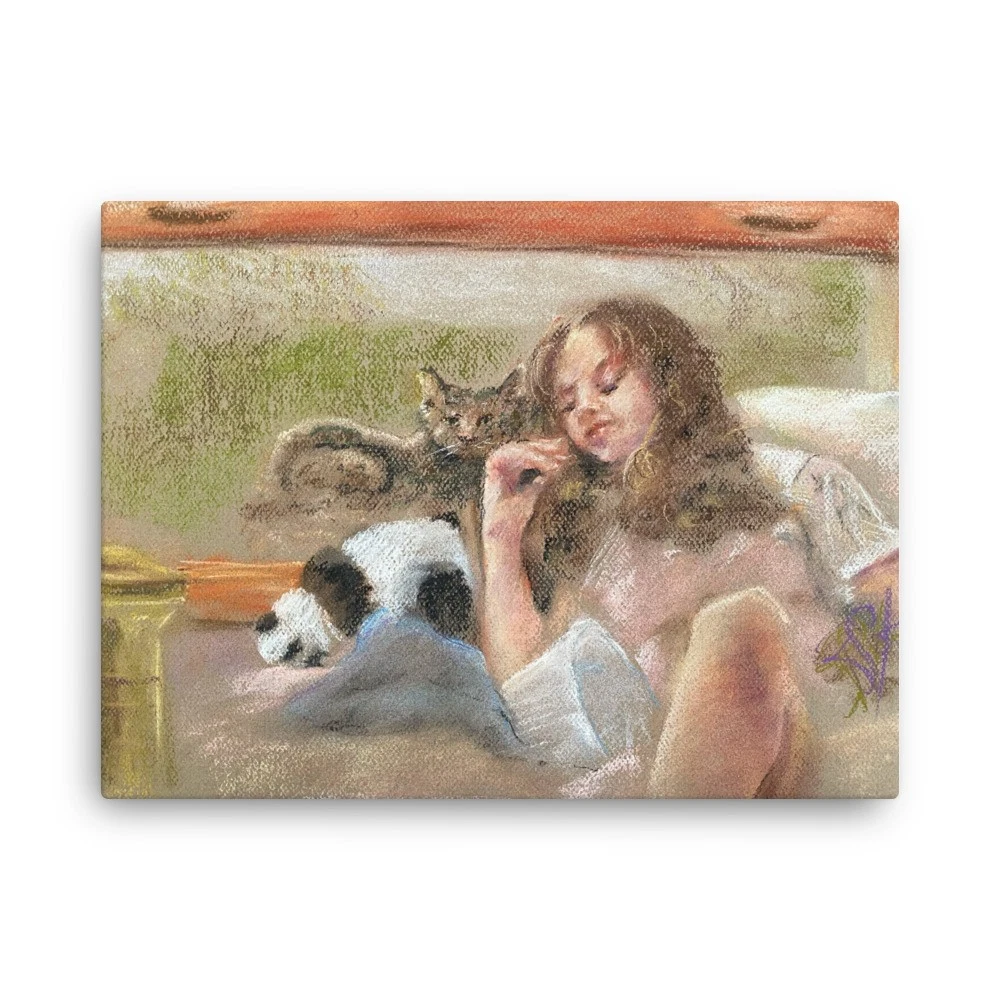 Girl with Cat Pastel Print – Cozy Figurative Portrait Artwork