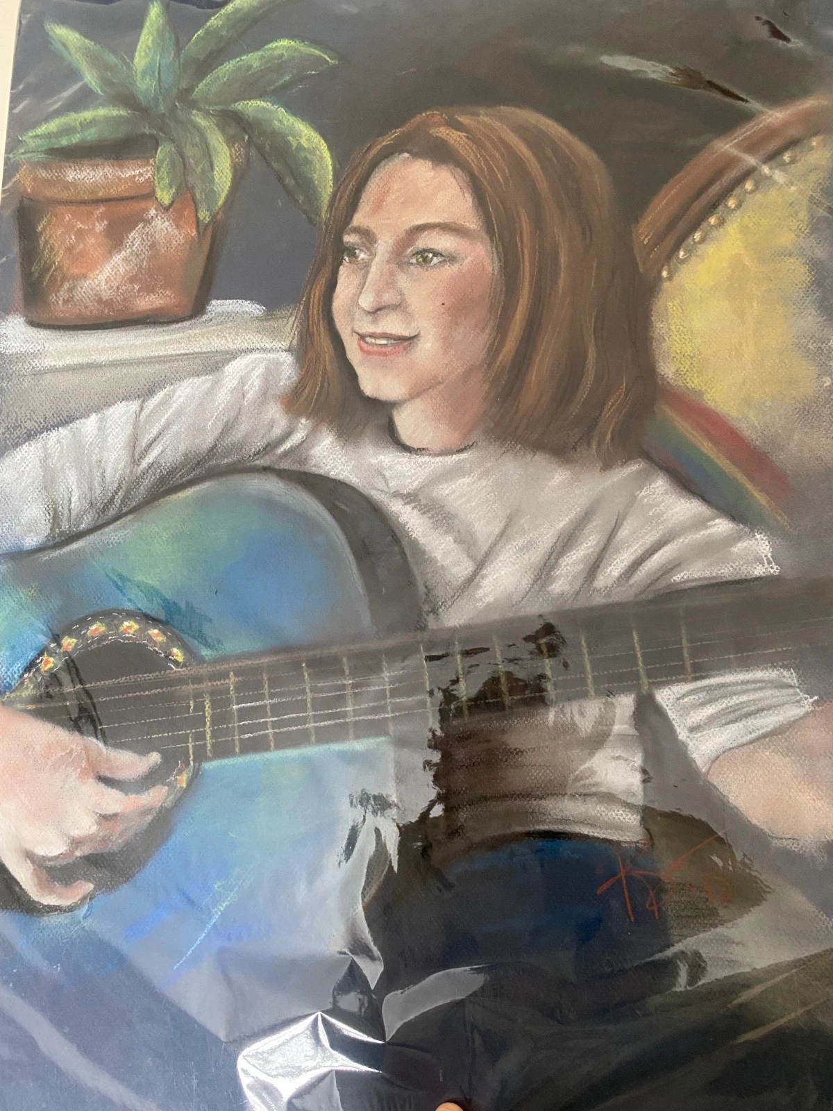 Original Pastel Drawing Girl With Guitar – Hand Drawn Child Portrait