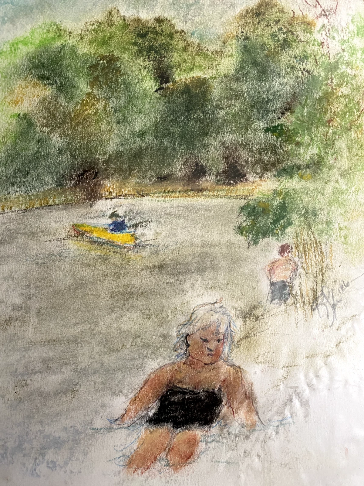 Original Pastel Drawing Pike Lake Wisconsin – Woman at Lakeshore Landscape Art - Image 2