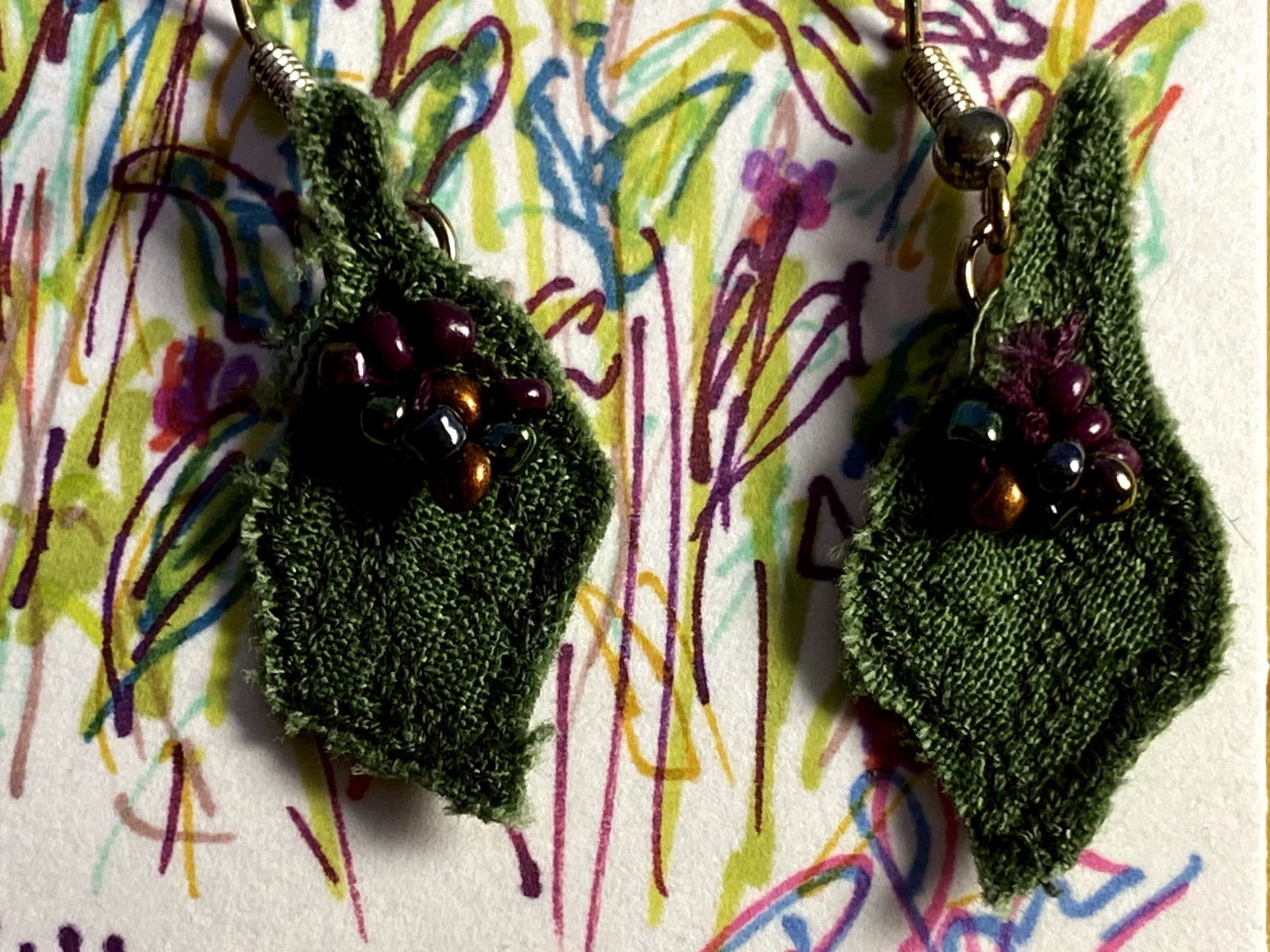 Hand Sewn Buckthorn Art | Cotton Leaves & Glass Beads Earrings - Image 2